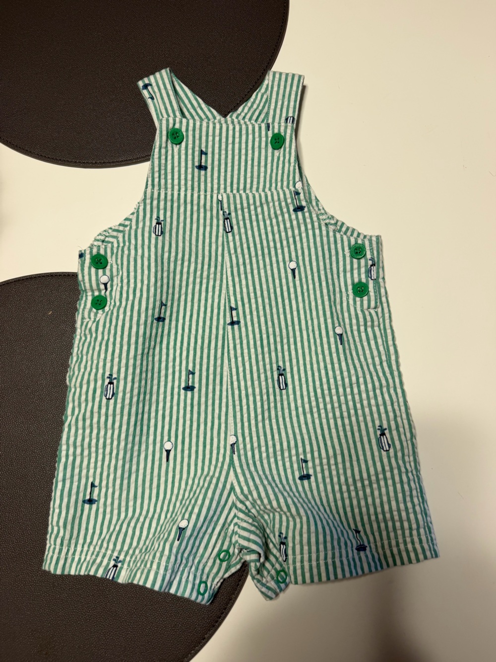 Green & White Striped Toddler Romper with Golf Embroidery